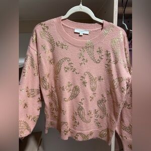 LOFT Blush Sweater with Metallic Gold Patterns